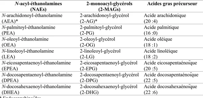 Tableau 2. Congénères des N-acyl-éthanolamines et des 2-monoacyl-glycérols et leur 
