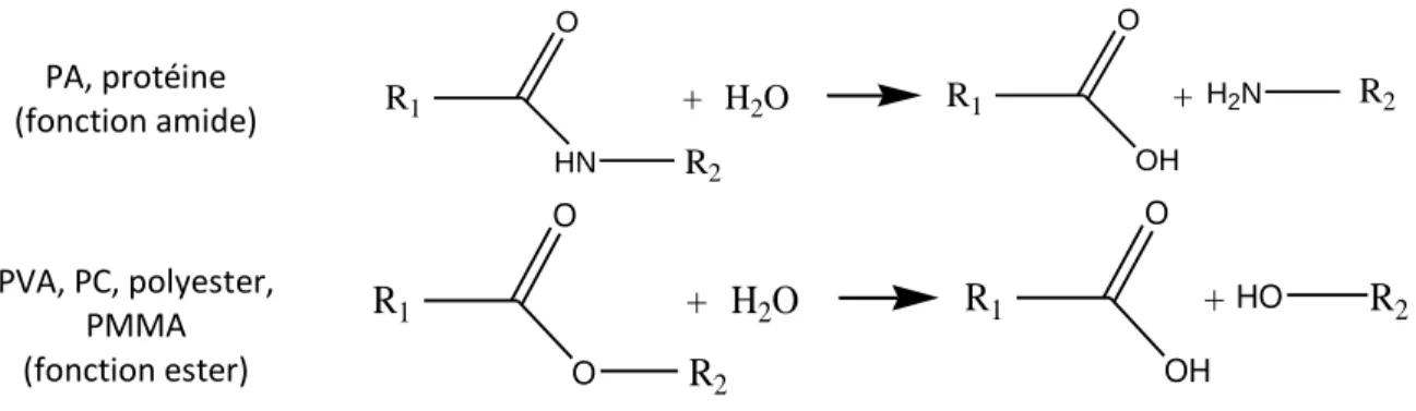 Figure I-77 : exemples de réactions d’hydrolyse : cas des fonctions amides et esters 