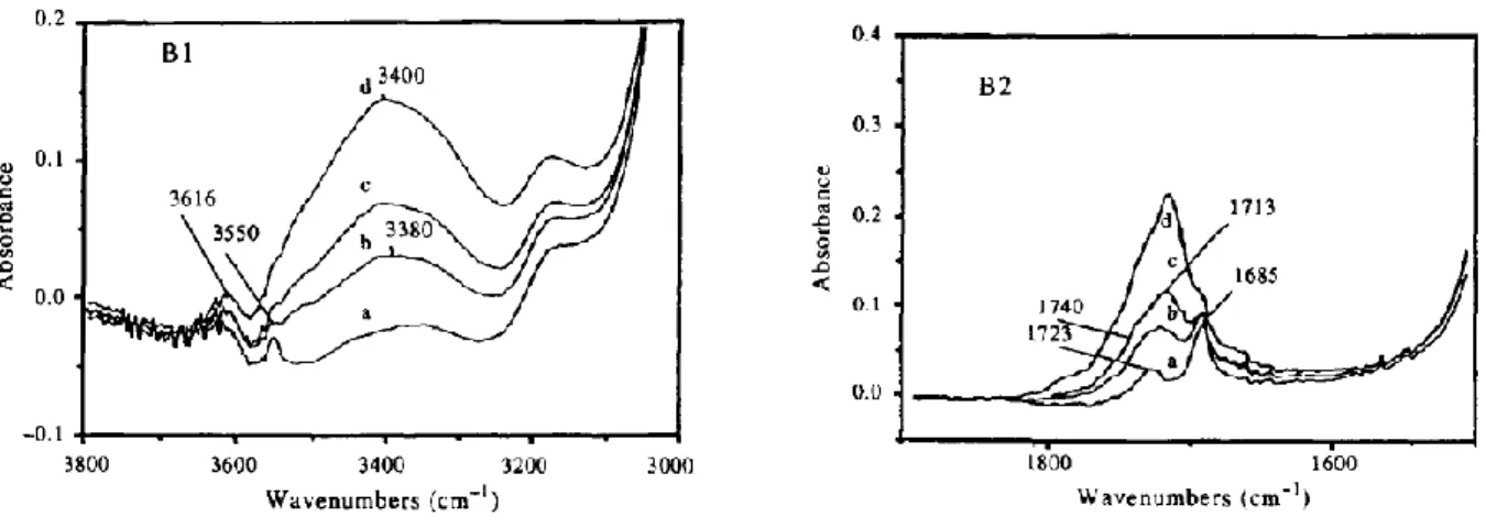 Figure 1-17: Formation of oxidation products detected by FTIR spectrophotometry: hydroxyls (left)  and carbonyls (right)  [126, 127]  (80°C, air under atmospheric pressure) 
