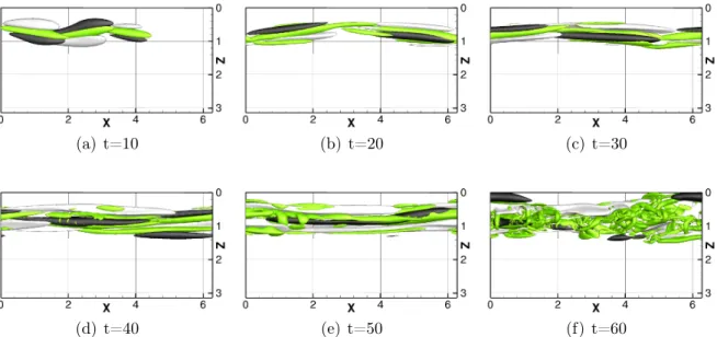 Figure II.16: Snapshots of the time evolution of the highly nonlinear optimal perturbation