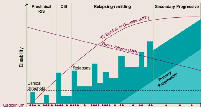 Figure  1.4.  Types  of  MS  on  the  basis  of  clinical  course.  X-axis  represents  time  and  Y-axis 