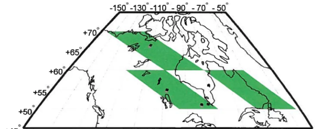 Figure 8 - Localisation des images MODIS (parallélépipèdes verts) et localisation des
