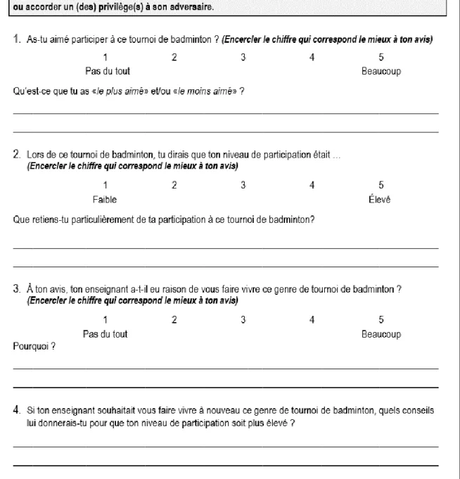 Figure 8. Illustration du questionnaire utilisé pour le tournoi de badminton
