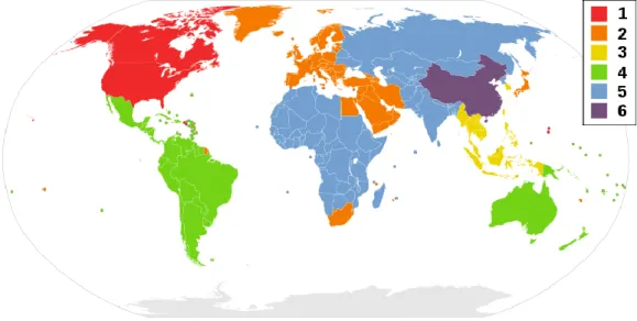 Figure  3:  Carte  indiquant  le  découpage  du  monde  en  six  zones  de  standards  techniques  différents pour le DVD (http://fr.wikipedia.org/wiki/Fichier:DVD-Regions_with_key-2.svg,  Creative Commons paternité – partage à l’identique 3.0, Monaneko, (
