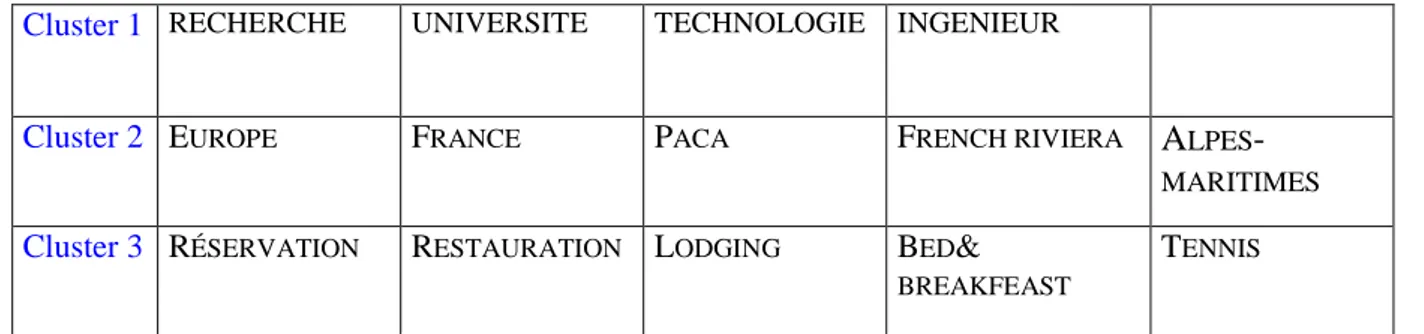 Tableau 4  : clusters représentatifs des représentations virtuelles Sophia-Antipolitaines