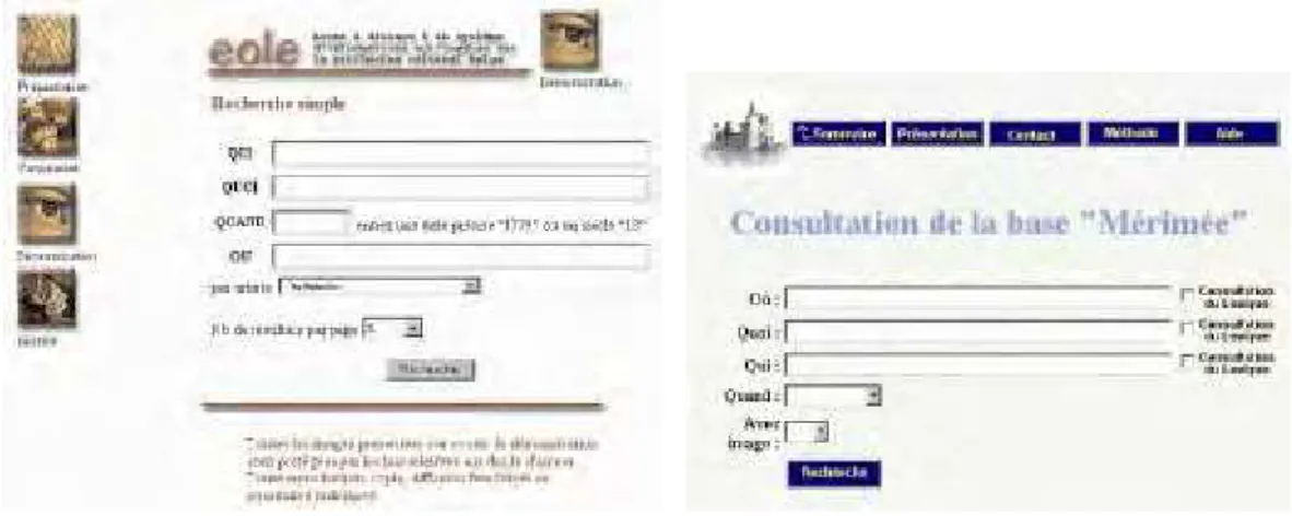 Figure 1 :Les interfaces de consultation des bases Mérimée et eole