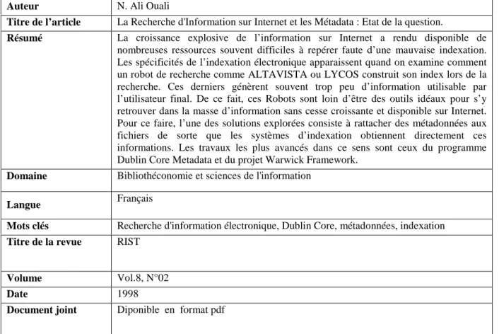 Tableau n°2 : Exemple de notice de type « article scientifique » 