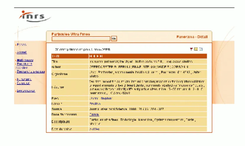 Illustration 4 : La base de donnée documentaire particules ultrafines par l’interface CinDoc  Web 