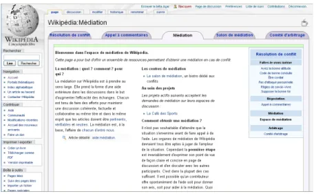 Figure 4 – Vue du portail « Médiation » de Wikipédia, avec notamment le « Salon de médiation » et le « Comité d’arbitrage ».