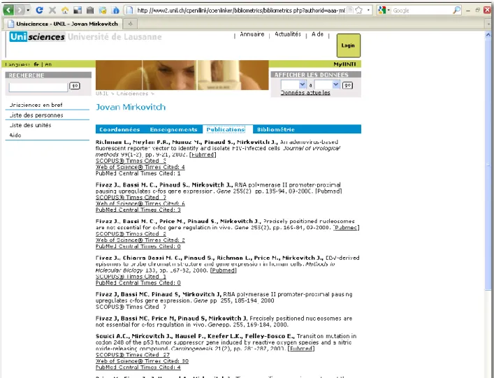 Fig. 11 The SERVAL publication list enhanced with WoS, SCOPUS and PubMed Central citation counts and deep links 