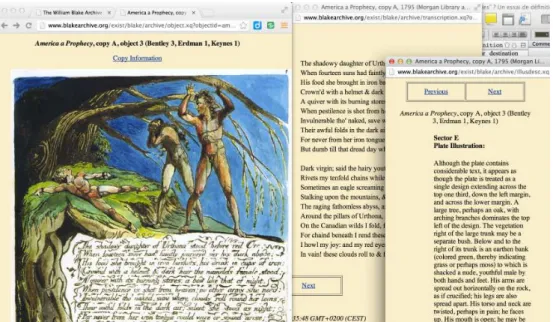 Figure 2. William Blake Archive : extrait d’un de ses livres illustrés, fac-simile, transcription et description de l’illustration