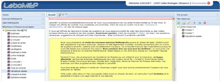 Figure 4. LaboMEP, un environnement virtuel destiné aux professeurs de mathématiques de collège