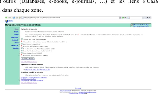 Figure 2 : Ecran de personnalisation (obtenu via &#34;Customise&#34;/zone e-journals)