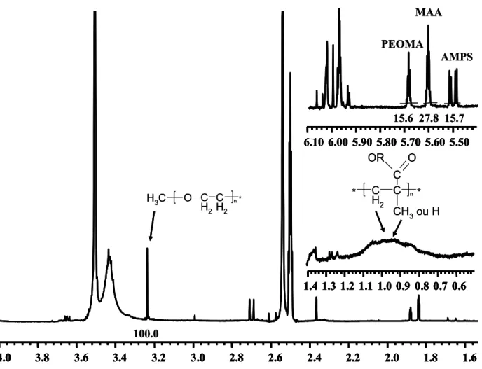 Figure 11 : Spectre RMN  1 H du terpolymère MAA/AMPS/PEOMA dans le DMSO d 6  à 30 