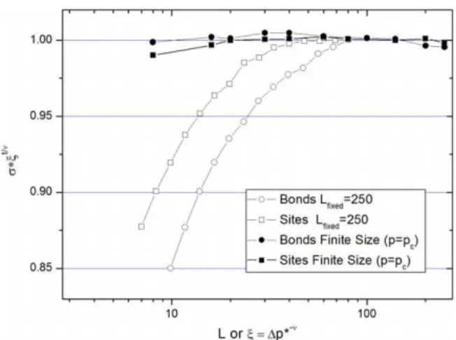Fig. 5. Dependence of scaling corrections on coherence length ξ , where ξ = L for finite-size scaling and ξ = (1 p ∗ ) −υ for ‘‘p’’ scaling