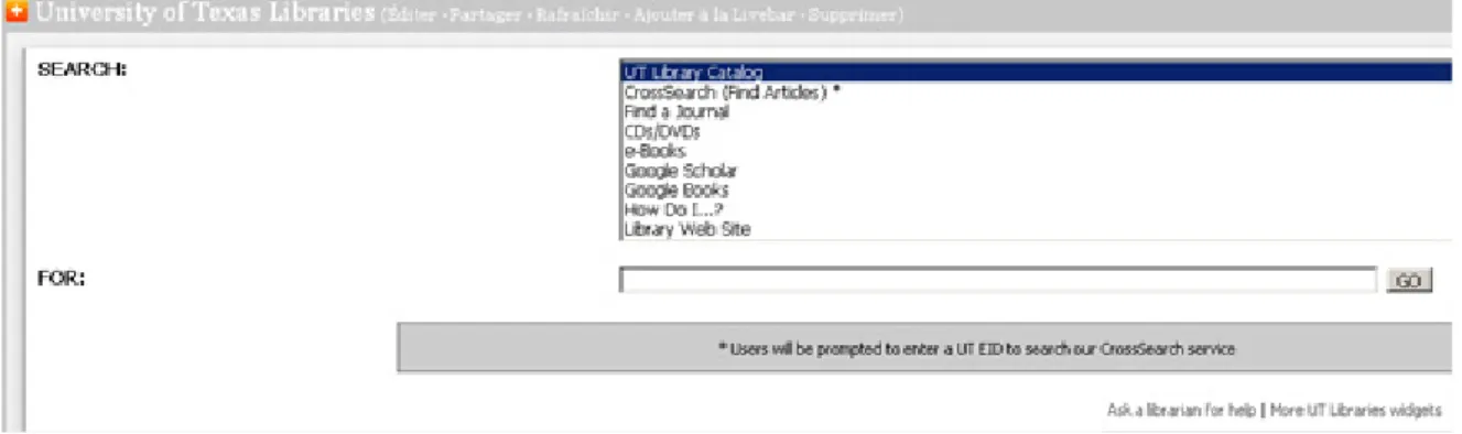 Fig. 8. Widget du catalogue de l’Université du Texas dans Netvibes 