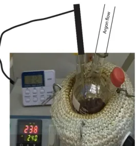 Figure 2.2.: Synthesis of CdSe cores in a three-neck flask with heating mantle