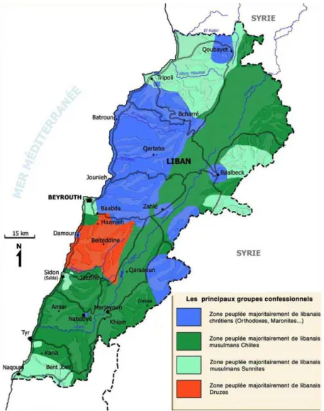 Fig. 6  Approximation de la localisation et la répartition des groupes confessionnels au Liban 13                                                         