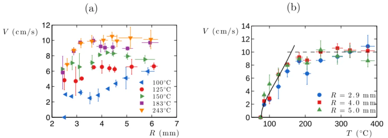 Figure 2.16 – Vitesse terminale V d’une goutte d’eau en fonction (a) de son rayon R pour différentes