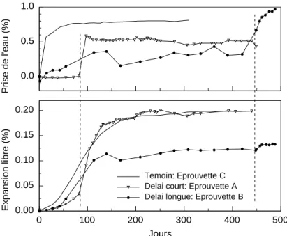 Fig. 2.9  Expansion d'une éprouvette soumise à une arrivée de l'eau tardive (Larive 1998)