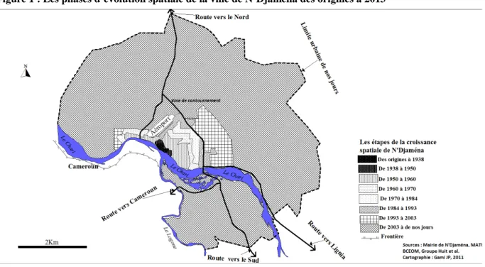 Figure 1 : Les phases d’évolution spatiale de la ville de N’Djaména des origines à 2013 
