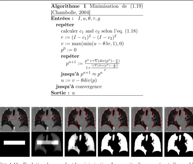 Fig. 1.16 – Evolution de u pendant la minimisation. La première ligne représente l’ensemble de niveau 0,5, la seconde est une image de u