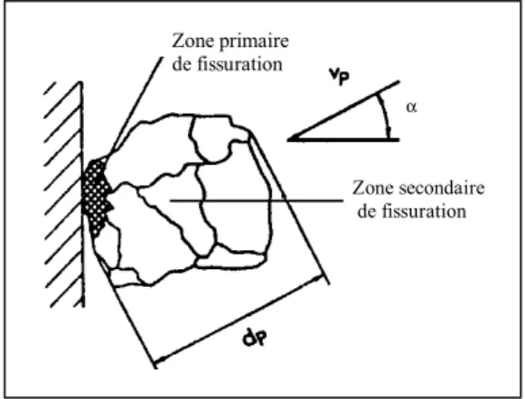 Figure 14 : Mode de fissuration d'une particule lors de l'impact sur un solide 