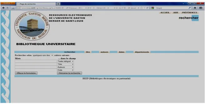 Figure 8 : Page d’accueil de la BEEP de la bibliothèque centrale de l’UGB  de Saint Louis 