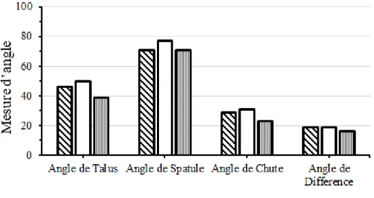 Figure 4.11 : Mesures de différents angles de la fumée de silice, de laitier et de cendre 