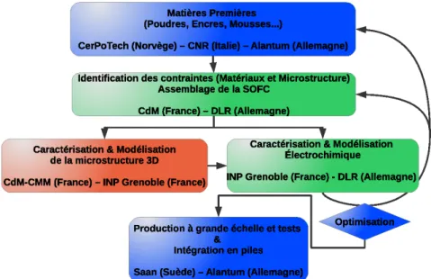 Figure 3 – Organigramme simplifi´e du projet Evolve faisant transparaˆıtre les interactions entre les partenaires (en rouge notre contribution).