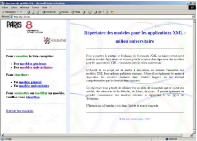 Figure 8 :Interface d’accueil du répertoire de modèles  XML 