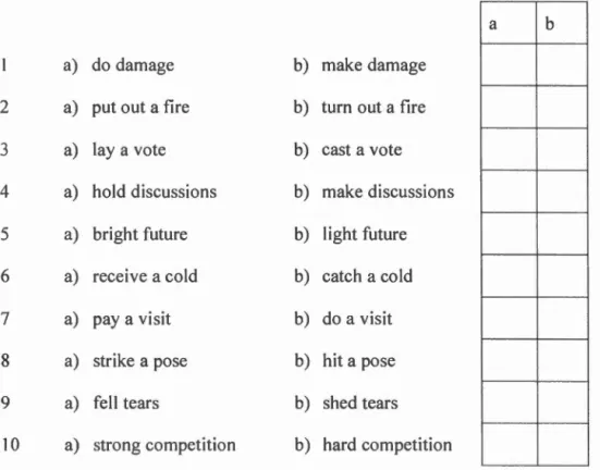 Figure 3.2 Exe mples de  co l locations du  test Co /lex  de  Gyllstad (2007) 