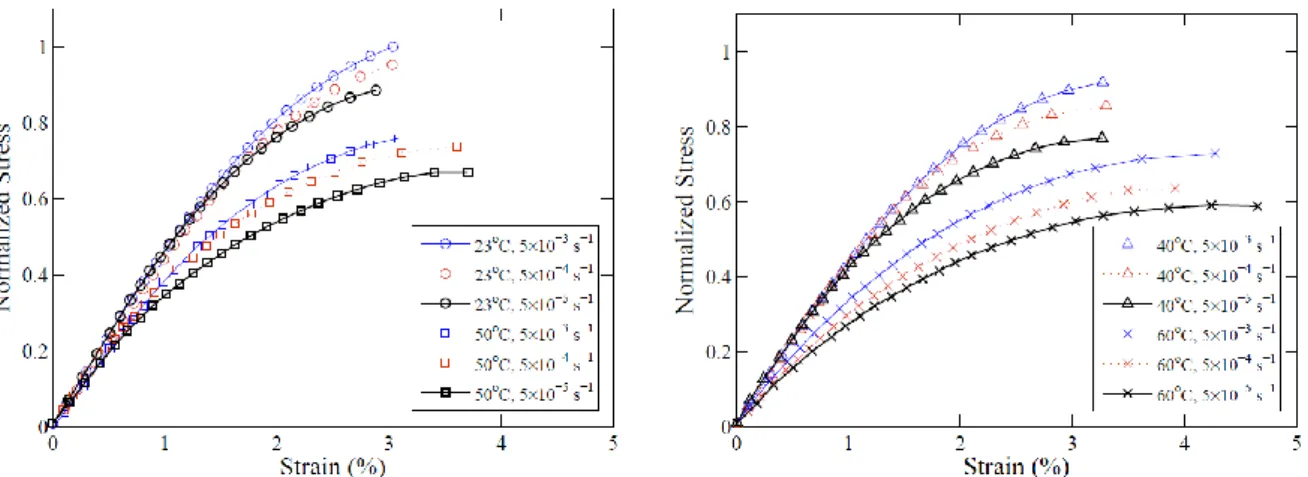 Figure I.18 – Courbes contraintes-déformations du PA66-GF30 pour différentes vitesses de  déformation et différentes températures [8]