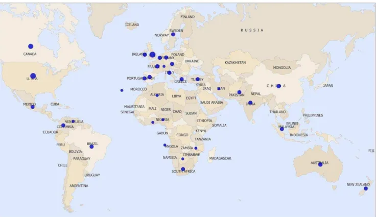 Figure 8: Geographical origin of authors outside of GreyNet (n=369) 