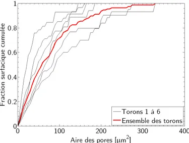 Figure I.11 – Fraction surfacique cumulée de porosité en fonction de la surface des pores (rapport entre la surface représentée par la totalité des pores dont l’aire est inférieure à une surface donnée et la surface totale de porosité)