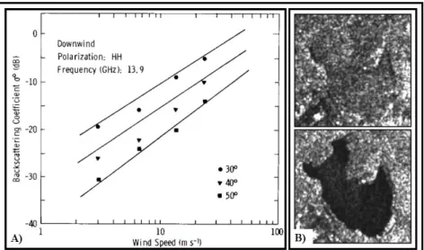 Figure 2.13 A et B : Influence du vent sur la rétrodiffusion de l’eau libre. 