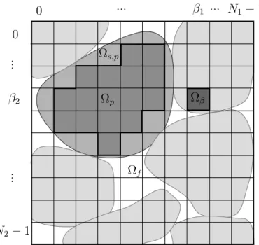 Fig. 2.1: Grille de discr´etisation r´eguli`ere, un voxel Ω β , une particule solide Ω s,p et son sous-