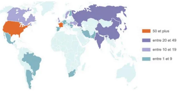 Figure 1 : Nombre de réacteurs  nucléaires par pays en 2015, d’après [1]. 