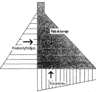 Figure 2.1- Pressions et sous-pressions hydrauliques exercées sur un barrage poids 
