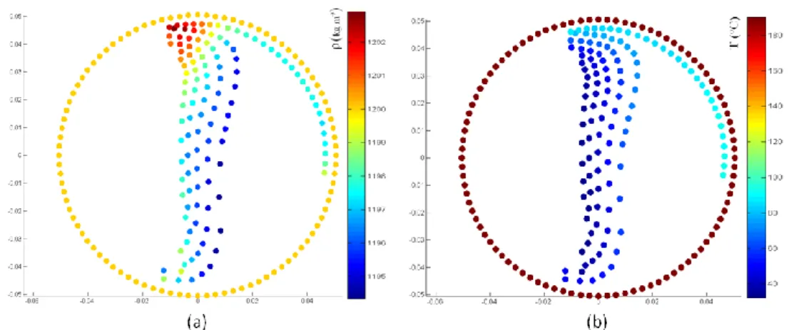 Figure 6 : Simulation 2D du rotomoulage réactif par la méthode SPH : variation de la masse 