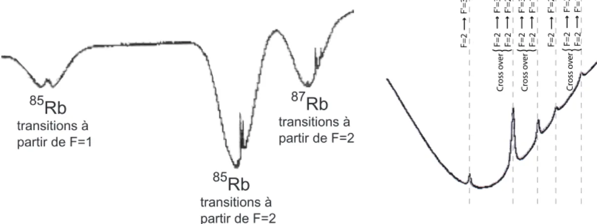 Fig. 2.7 – A gauche : Raies hyperfines du 85 Rb et 87 Rb. A droite : Zoom sur les