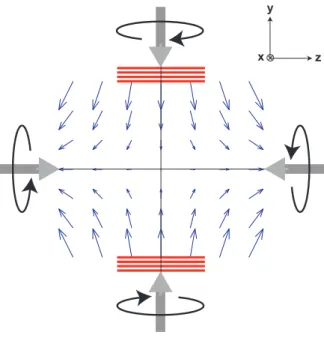 Fig. 2.15 – Configuration des faisceaux et du champs magn´ etique dans un MOT.
