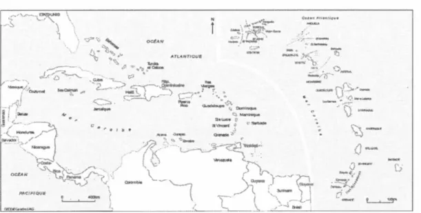 Figure  1.1  Carte géographique de  la région caribéenne  ~~  ~u.oi '&#34;./ ( )  ;li.,W.~::I r&#34;&#34;',.