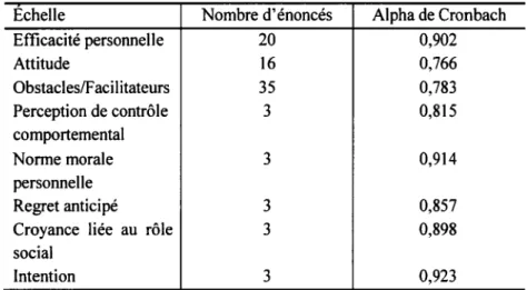 Tableau 4.1  : Cohérence interne des échelles de mesure du questionnaire 