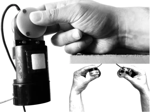 Fig 1. Grip force sensor held by means of a tri-digital pinch. Arm support extends to the fifth metacarpal head while the sensor remains hanging in the gap