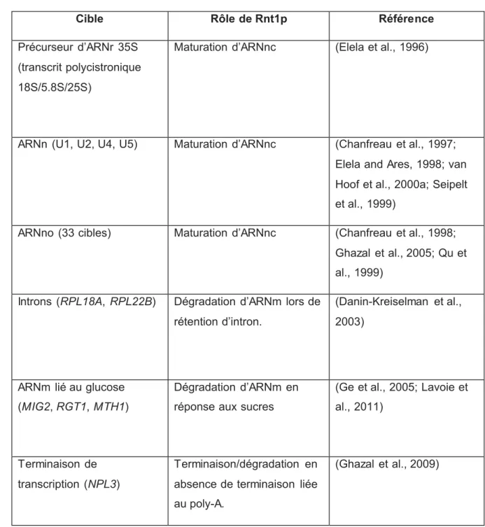 Tableau 1 : Rôles de Rnt1p dans le métabolisme de l’ARN. 1 