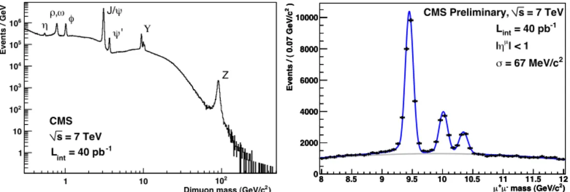 Figure 2.7: Invariant mass spectrum of di-muon resonances, using all pp collision data collected in 2010