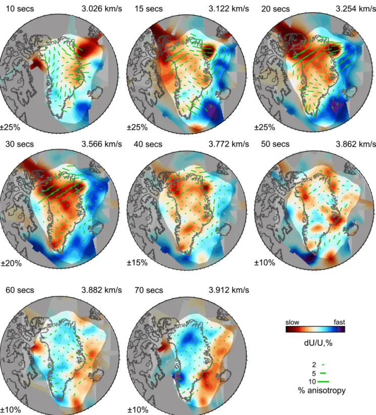 Figure 7. Group velocity maps for a subset of periods. The colour scale represents isotropic group velocity heterogeneity with respect to the regional average for the given period and the green bars show 2 ψ azimuthal anisotropy
