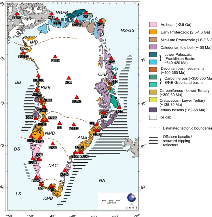 Figure 1. Station locations (red triangles) overlain on simplified Greenland geology, after Henriksen et al