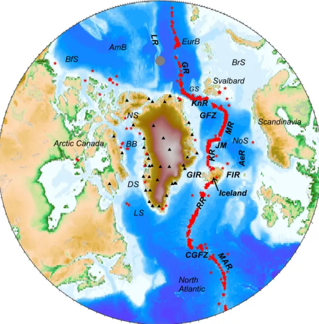 Figure 2. North Atlantic/Arctic region with seismograph stations (black triangles) and earthquakes (red stars) used in the study